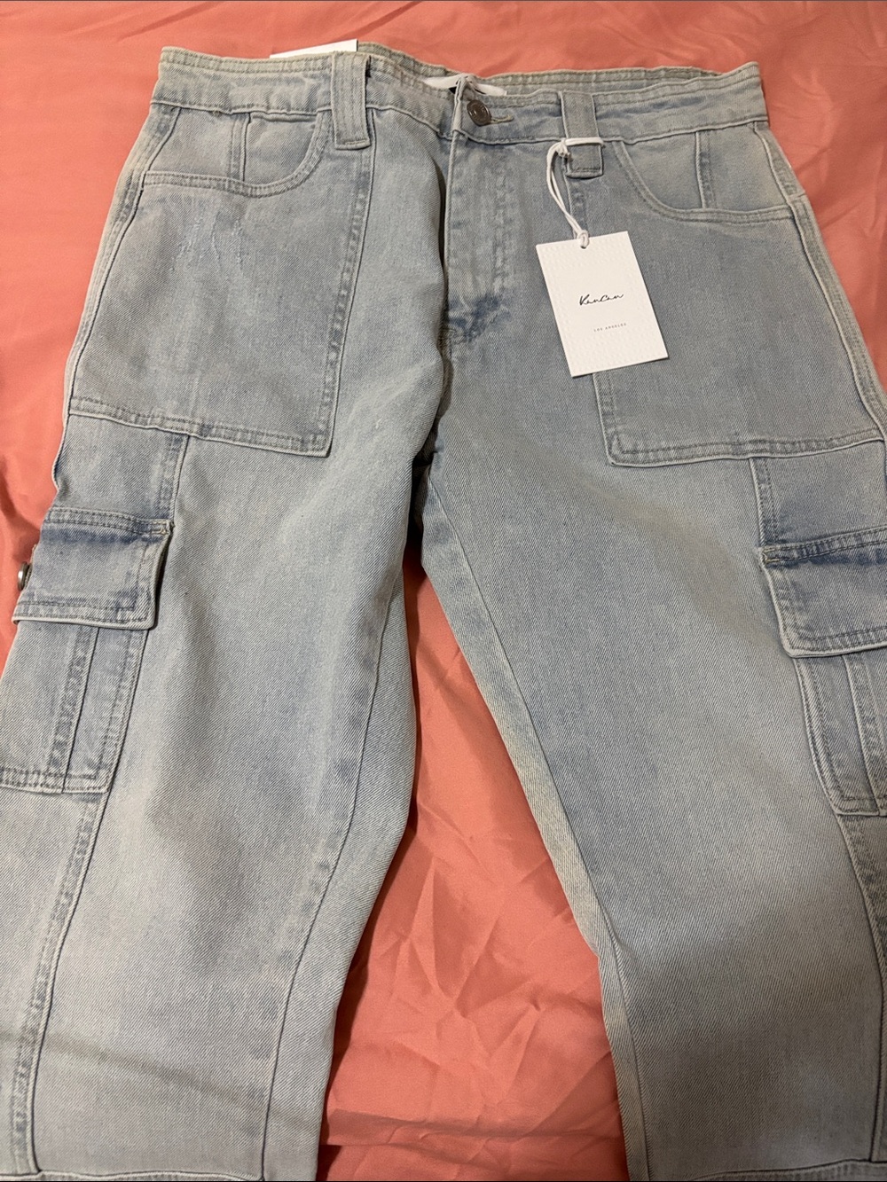 KanCan Light Blue Straight Leg Cargo Denim Pants